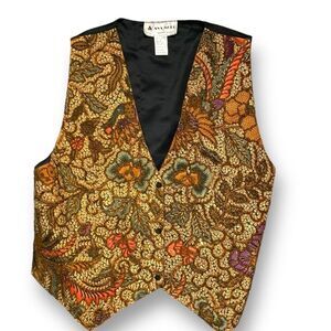 Vintage 90s  Tailored Suit Vest Tan Embroidered Floral Tapestry Waistcoat Large